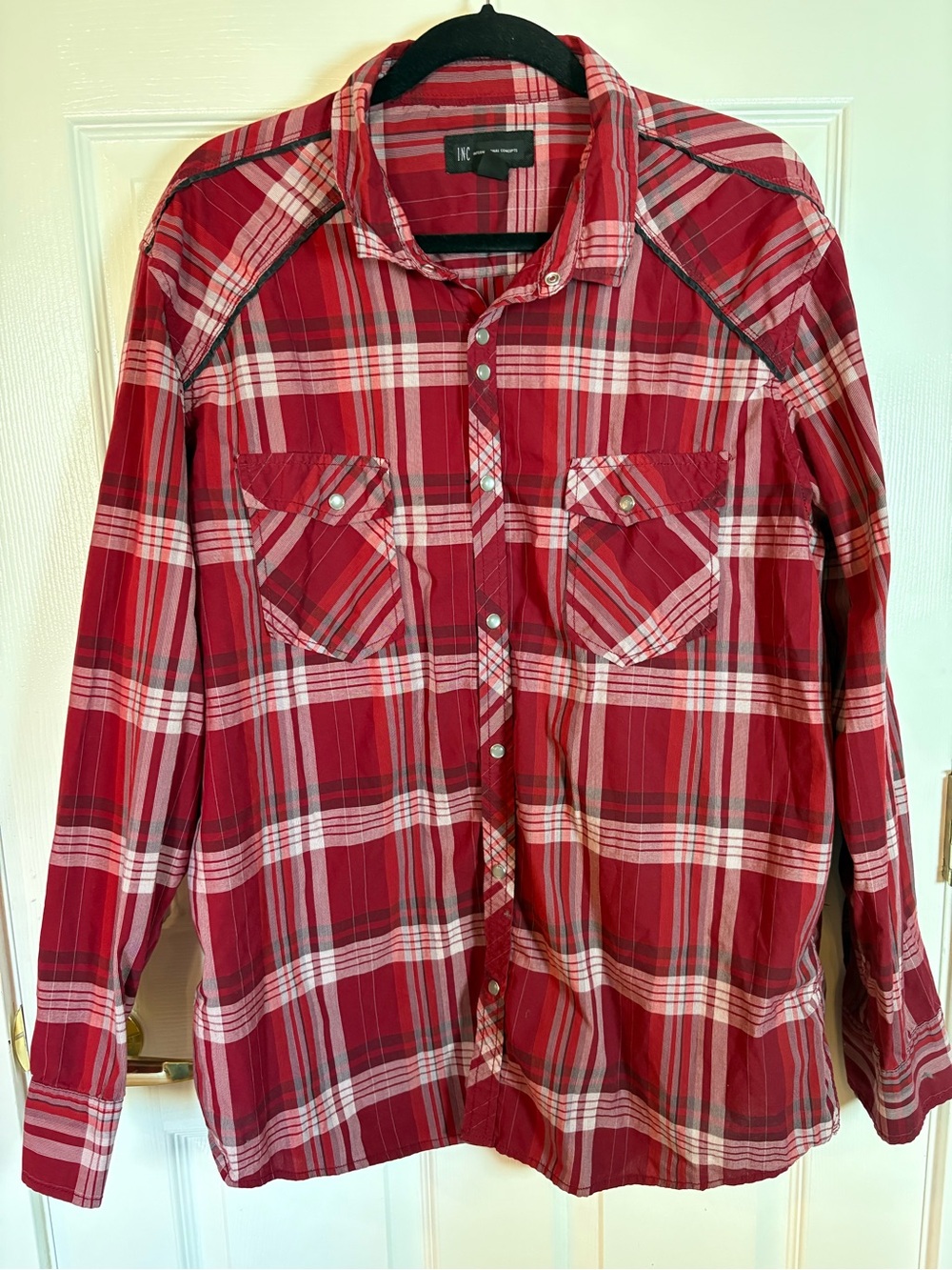 INC International Concepts Red Plaid Pearl Snap Button-Down Shirt